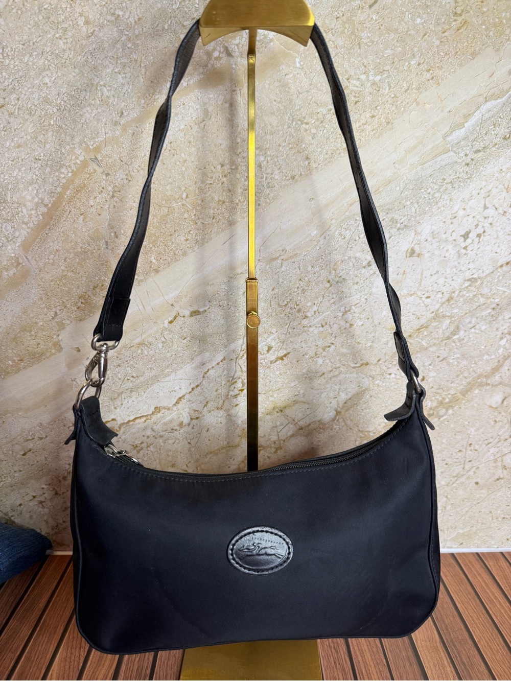 Longchamp Black Nylon Leather Hobo Shoulder Bag Silver Hardware